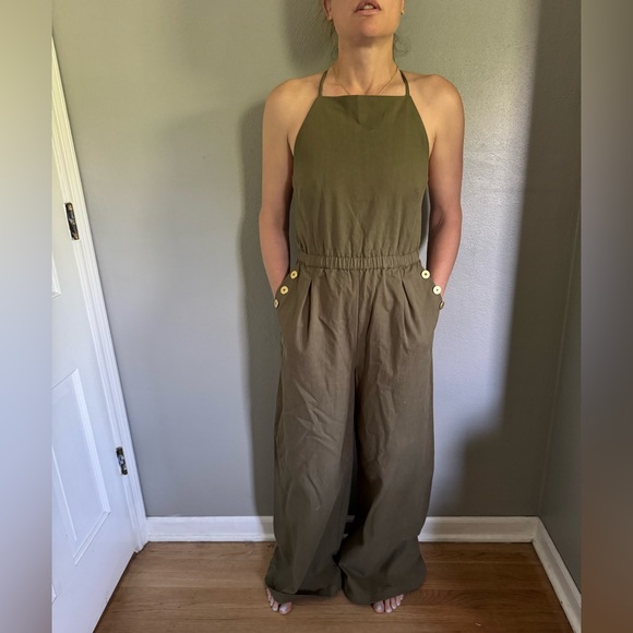 Sage Green Wide-Leg Jumpsuit with Spaghetti Straps - Picture 1 of 12
